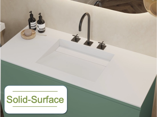 Plan vasque Design, fabrication sur mesure, Largeur 60 à 200 cm x Profondeur 40 à 60 cm, résine minérale ACRYSTONE® SOLID-SURFACE Finition lisse blanc mate, Livraison Offerte et Rapide.